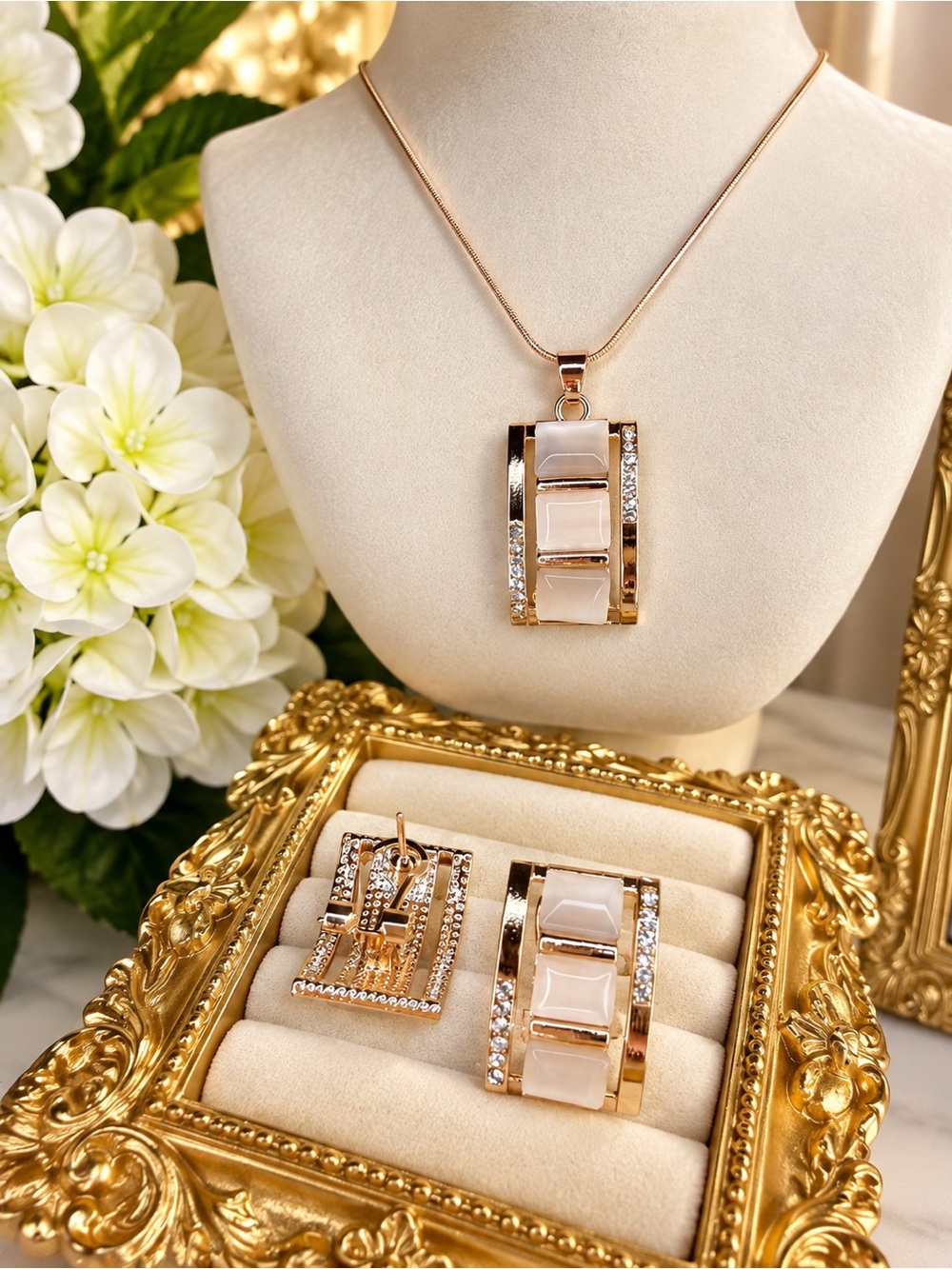 Rose Gold Pendant Necklace and Earrings Set